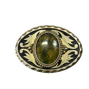 Vintage Western Belt Buckle Green Brown Tan Stone Engraved Metal Used